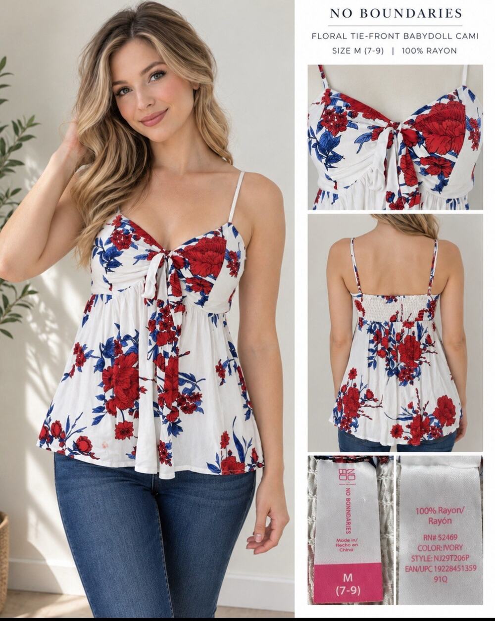 NWT Y2K Indie 00s Boho No Boundaries Floral Tie-Front Babydoll Cami Top M Ivory